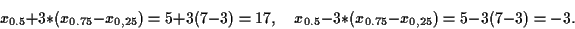 \begin{displaymath}
x_{0.5}+3*(x_{0.75}-x_{0,25})=5+3(7-3)=17,\quad
x_{0.5}-3*(x_{0.75}-x_{0,25})=5-3(7-3)=-3.
\end{displaymath}