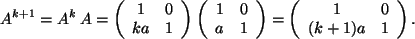 \begin{displaymath}A^{k+1}= A^k \, A =
\left(
\begin{array}{cc}
1 & 0 \\
ka ...
...gin{array}{cc}
1 & 0 \\
(k+1)a & 1 \\
\end{array}\right) .
\end{displaymath}